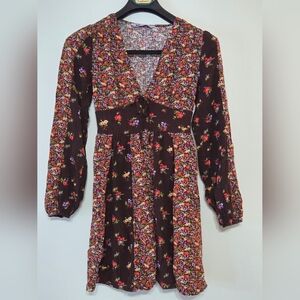 SO Goods for Life Floral Prarie Boho Long Sleeve A-line-Empire Waist Minidress S